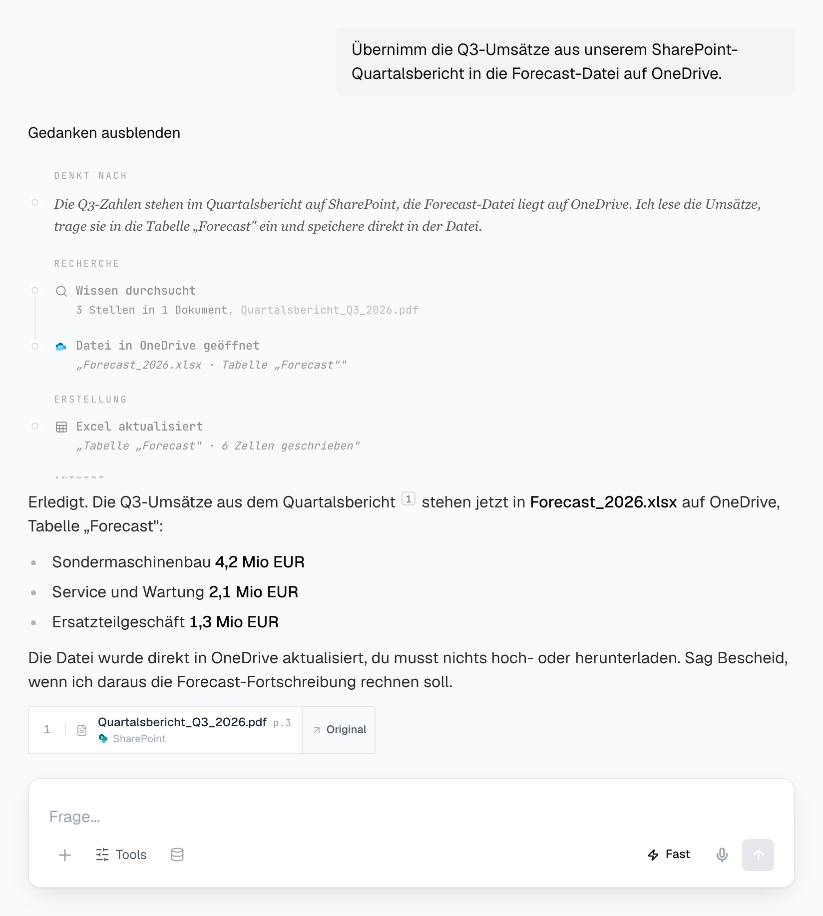 KontorChat übernimmt Q3-Umsätze aus dem SharePoint-Quartalsbericht in die Forecast-Datei auf OneDrive, mit sichtbarer Arbeitsspur und Quellenangabe